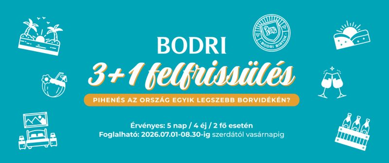3 + 1 felfrissülés szálláscsomag a Bodri Birtokon – 2026.07.01-08.30-ig szerdától vasárnapig (3 éj foglalása esetén a 4. éj ajándék)